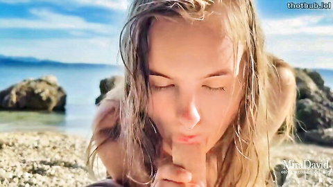 Mira David wet blonde babe giving blowjob on sunny beach