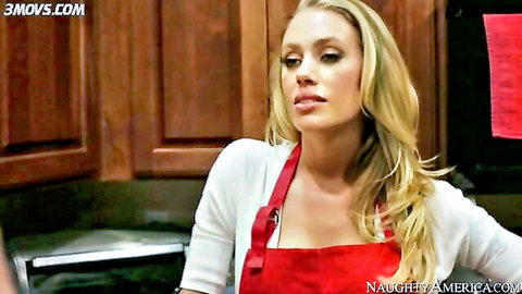 Nicole Aniston blonde bombshell in white top and red apron seducing