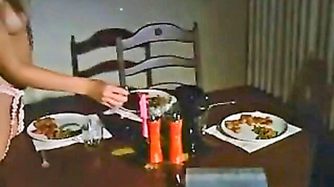 Topless Swedish beauty in sexy lingerie teasing at dinner table threesome