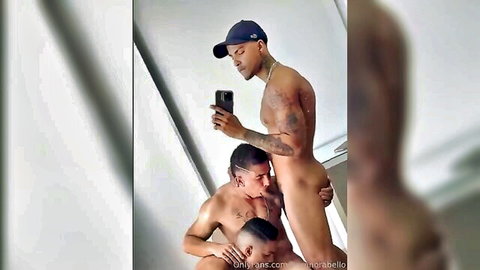 Amateur threesome of muscular black men nude selfie pose
