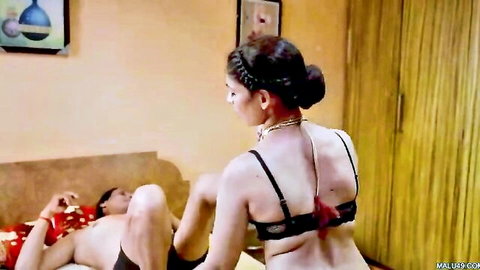 Desi bhabhi in black bra riding father-in-law on bed