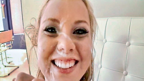 Sarah Vandella blonde MILF smiling with cum facial close-up