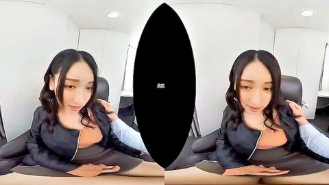 Seductive Asian beauty in leather jacket and short skirt, teasing office vibe