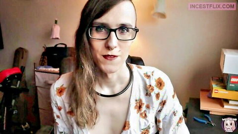 Lustful hung shemale in low-cut floral dress, glasses, solo tease
