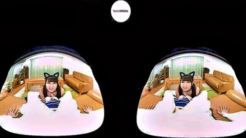 Cute Japanese maid with cat ears smiles in POV, ready for blowjob