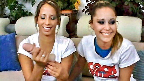 Ashley Jensen and teen friend smiling while holding hard dick