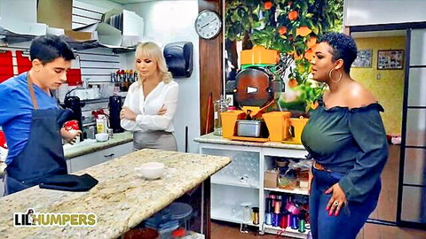 Dana DeArmond and curvy Layton Benton flirt with barista in sexy cafe scene