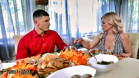 Casca Akashova in low-cut dress at dinner, seducing daughter's boyfriend