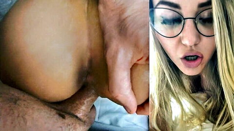 Surprised blonde girl in glasses gets unexpected anal sex close-up