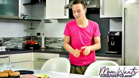 Sharon White stepmom seduces stepson in kitchen, sloppy BJ and Sybian ride