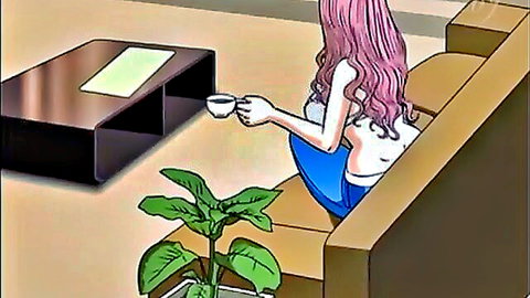 Pink-haired anime mom in blue top holding teacup, seductive back view incest teaser
