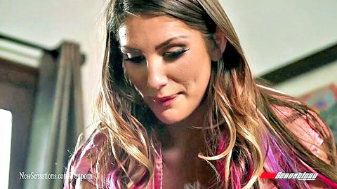 August Ames as sexy babysitter in low-cut pink top, seductive gaze