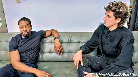 Black bull and son chatting on couch in Sofie Marie's interracial cuckold scene