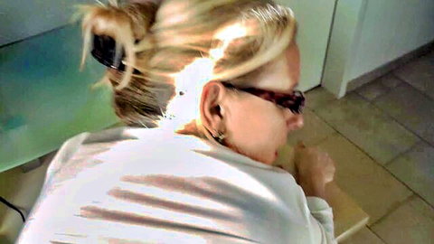 DirtyTina as horny blonde boss in blouse and nylons, bent over teasing creampie fuck