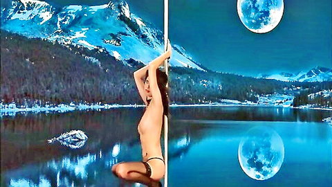 Topless babe with bare perky tits grips stripper pole topless in snowy mountains