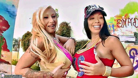Busty tanned blonde and curvy brunette MILFs flash huge tits and grope boobs in bikinis