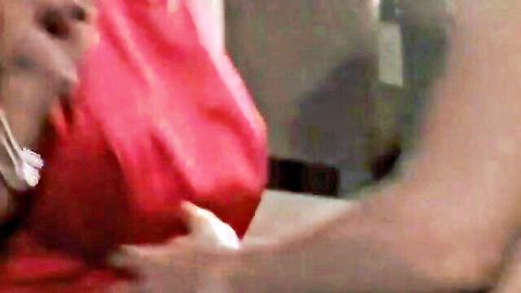 Stacy Valentine giving intense blowjob in red dress after fucking