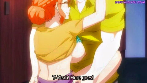 Anime redhead with glasses exposes big tits in steamy behind embrace
