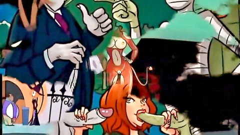 Halloween hentai with busty redhead giving oral to monster tentacle amid ghouls