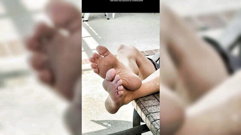 Close-up of mature daddy's bare foot soles, foot fetish tease