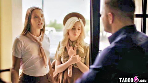 Lexi Lore and Katrina Colt in girl scout uniforms at door for anal threesome