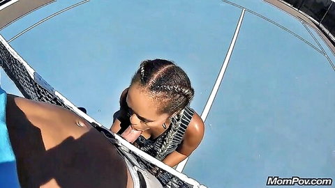 Kiesha's big black booty bending over tennis net in hot POV play