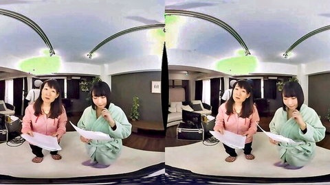Arisa Hanyu in pink top and green robe, sitting seductively in VR Asian creampie scene