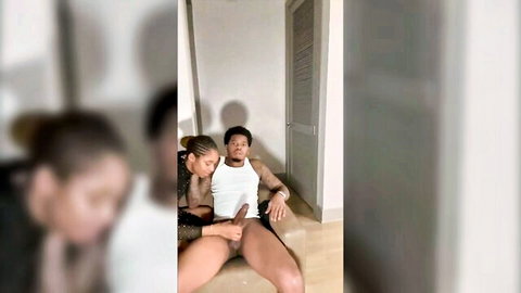 Amateur ebony couple handjob with exposed penis