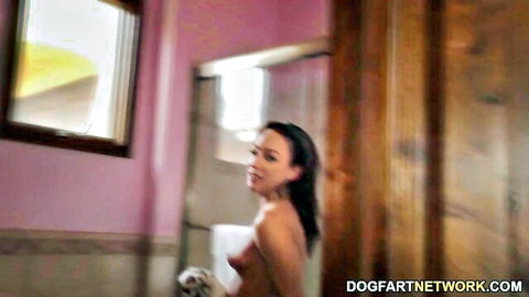 Amara Romani nude in bathroom, small tits brunette smiling seductively