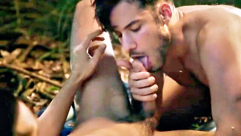 Muscular man giving intense outdoor cunnilingus to nude woman in Blessing Point hook-up