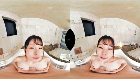 Nude Asian woman smiling in bathtub, VR POV close-up