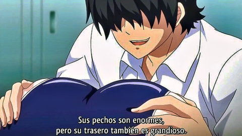 Anime boy smiling while holding massive blue breasts in school uniform hentai scene