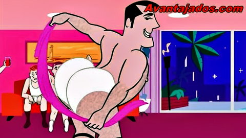 Animated muscular hairy men in white diapers at upbeat gay party soiree