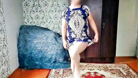 Blonde sissy lifts short navy dress teasing big white ass in amateur bedroom