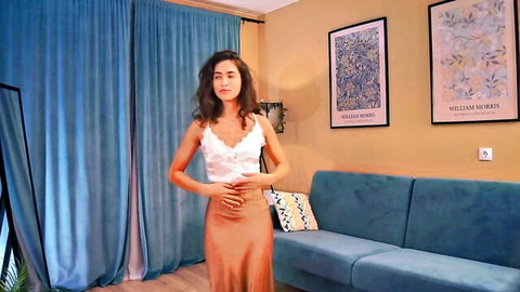 Maniepurvis young skinny brunette in white lace top and peach skirt tease