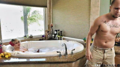 Trans stepmom in bubble bath seducing muscular stepson