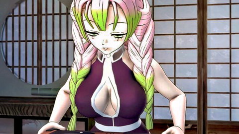 Mitsuri Kanroji in revealing purple dress with cleavage, anime hentai style