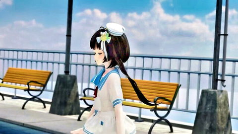 3D CGI anime schoolgirl in tight sailor uniform posing seductively on ocean pier
