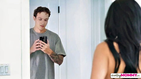 Stepson watches busty Latina stepmom's bare back in red lingerie