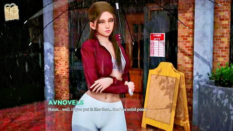 Wet Asian amateur in tight pants under rainy umbrella, visual novel tease