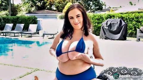 Milly Marks in tight blue bikini by pool, huge tits spilling out