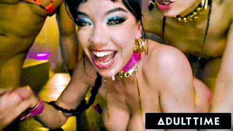Little Puck topless in wild group orgy, smiling with pink collar and heavy makeup