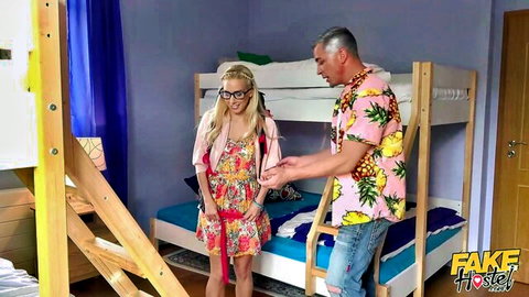 Blonde Nesty in short floral dress touched by older man in FakeHostel