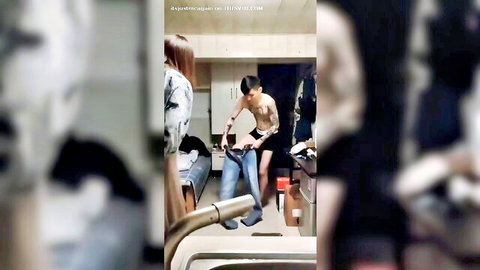 Blurry Asian amateur doggy style kitchen sex with redhead onlooker