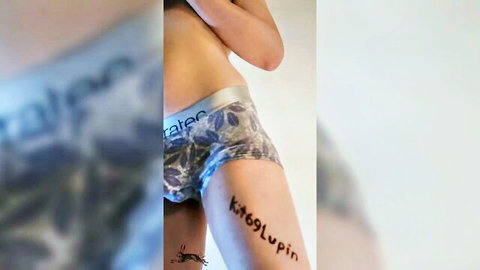 Kit 69 Lupin in cute silver patterned underwear, thigh tattoos