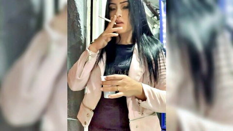Sara Luna brunette smoking seductively in pink blazer before hot masturbation