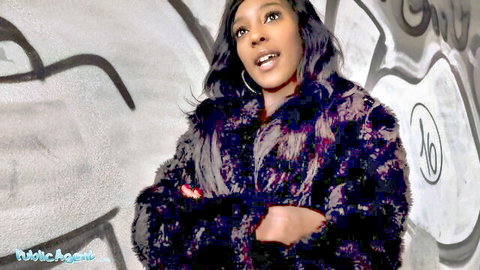 Ebony babe in fur coat smiling seductively for sex for cash scene
