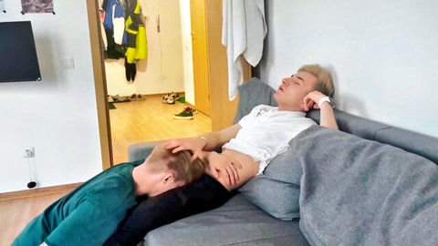 Ethan Lestray getting deep throated by blond pal on couch