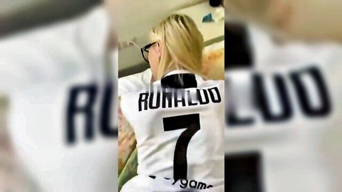 Blonde in tight Ronaldo 7 soccer jersey teasing her ass from behind