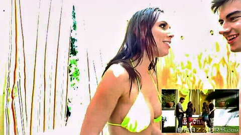 Lovely brunette in yellow bikini smiling wet with lover by pool - Brazzers Exxtra